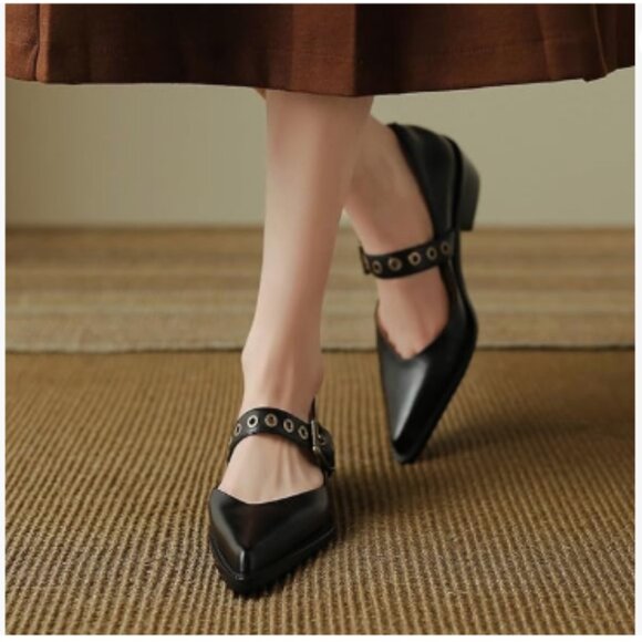 YDN Black Pumps Pointed Toe Mary Jane Chunky Heels Loafers Hollow Buckle Shoes - Picture 1 of 8